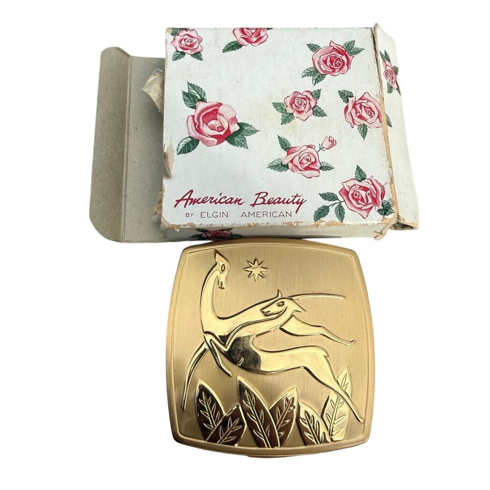 Vintage Elgin American Beauty Compact Gold Tone Leaping Gazelles Deer w/ Box